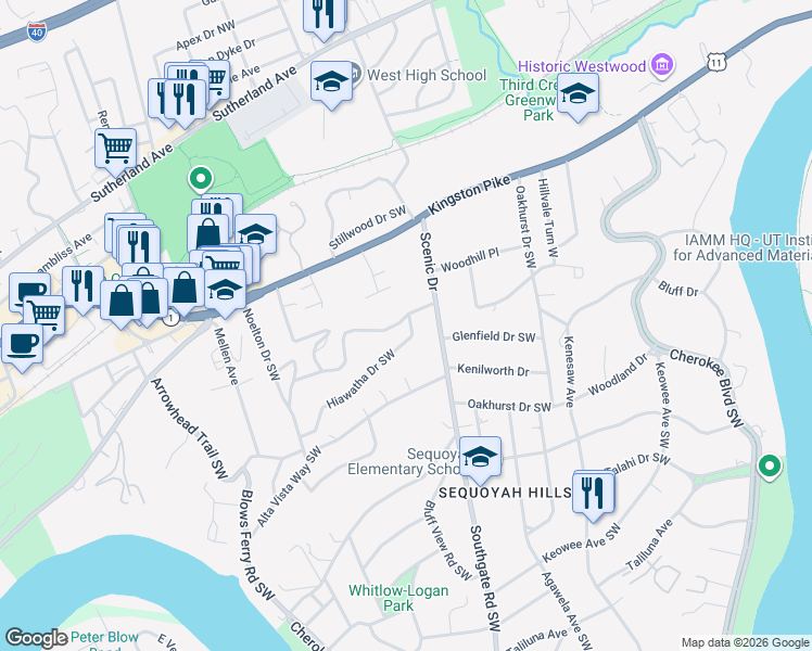 map of restaurants, bars, coffee shops, grocery stores, and more near 4033 Hiawatha Drive Southwest in Knoxville