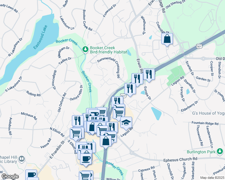 map of restaurants, bars, coffee shops, grocery stores, and more near 600 Dobbins Drive in Chapel Hill