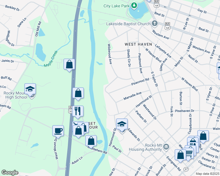 map of restaurants, bars, coffee shops, grocery stores, and more near 511 Evergreen Road in Rocky Mount