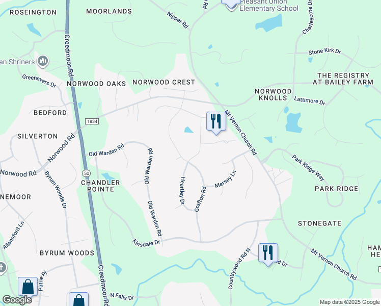 map of restaurants, bars, coffee shops, grocery stores, and more near 2405 Heartley Drive in Raleigh