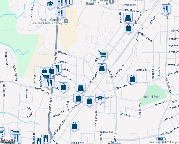 map of restaurants, bars, coffee shops, grocery stores, and more near 208 North Ward Avenue in High Point