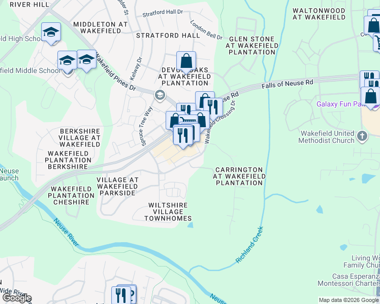 map of restaurants, bars, coffee shops, grocery stores, and more near 13200 Falls of Neuse Road in Raleigh