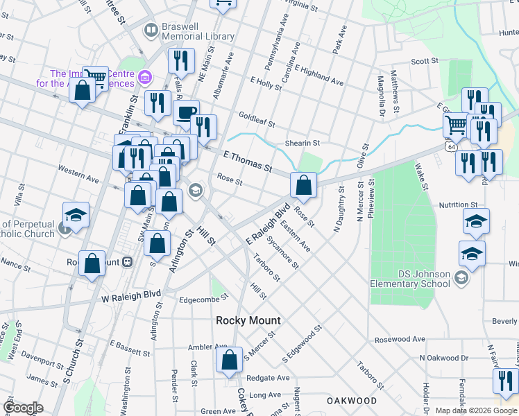 map of restaurants, bars, coffee shops, grocery stores, and more near 400 Tarboro Street in Rocky Mount