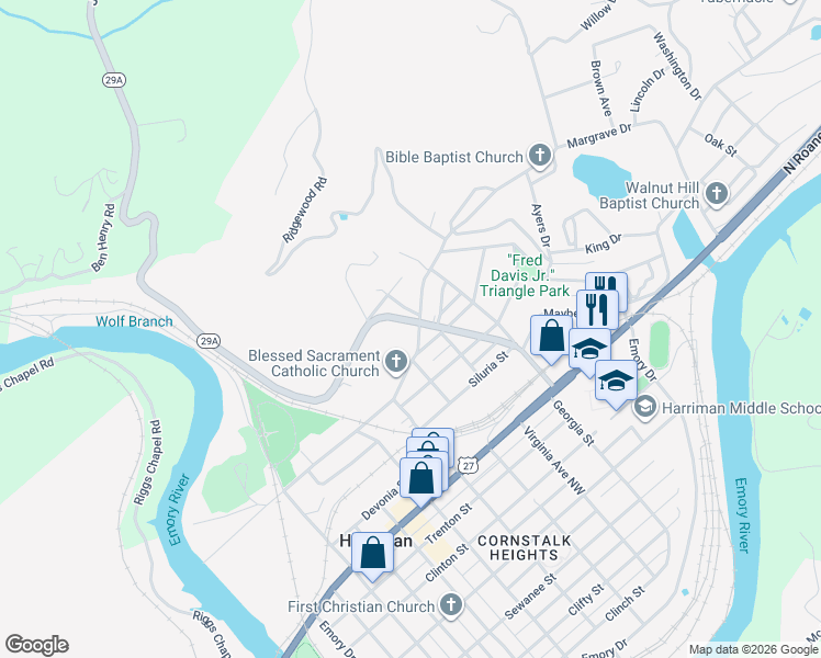 map of restaurants, bars, coffee shops, grocery stores, and more near 585 Margrave Drive in Harriman
