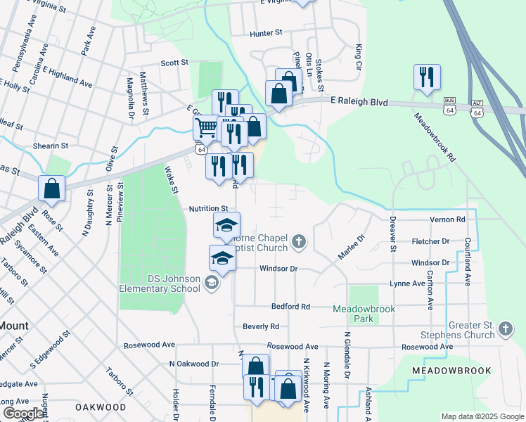 map of restaurants, bars, coffee shops, grocery stores, and more near 128 Photinia Court in Rocky Mount