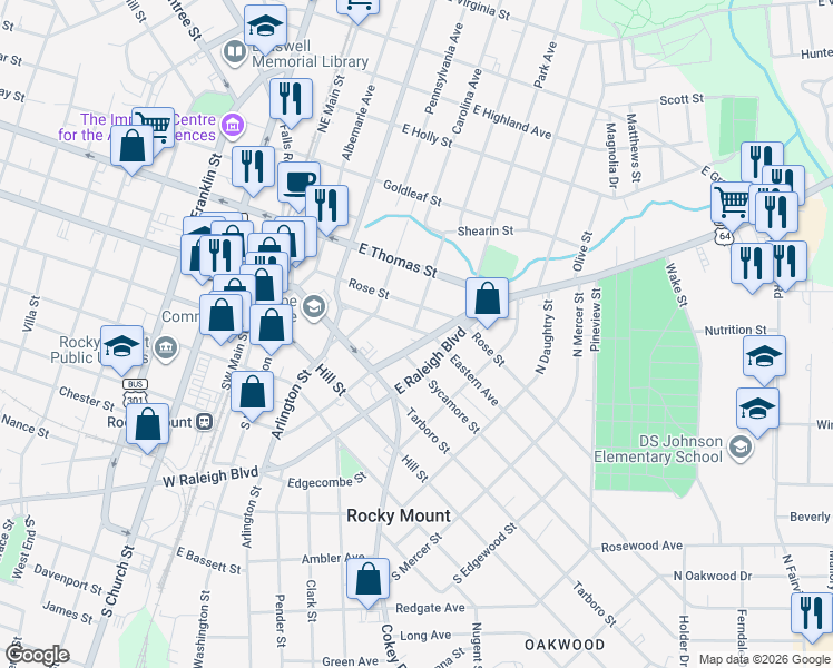 map of restaurants, bars, coffee shops, grocery stores, and more near 400 Tarboro Street in Rocky Mount