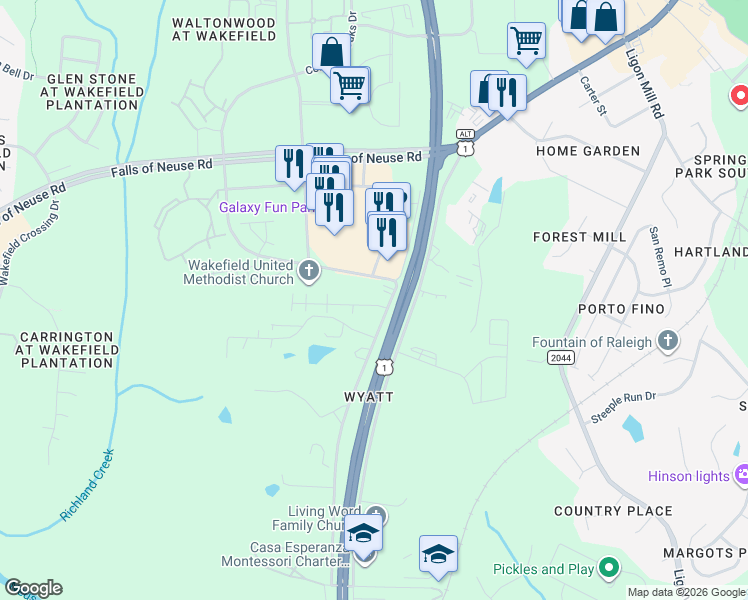 map of restaurants, bars, coffee shops, grocery stores, and more near 10741 Common Oaks Drive in Raleigh