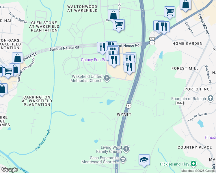 map of restaurants, bars, coffee shops, grocery stores, and more near 10 Ponderosa Park Drive in Wake Forest