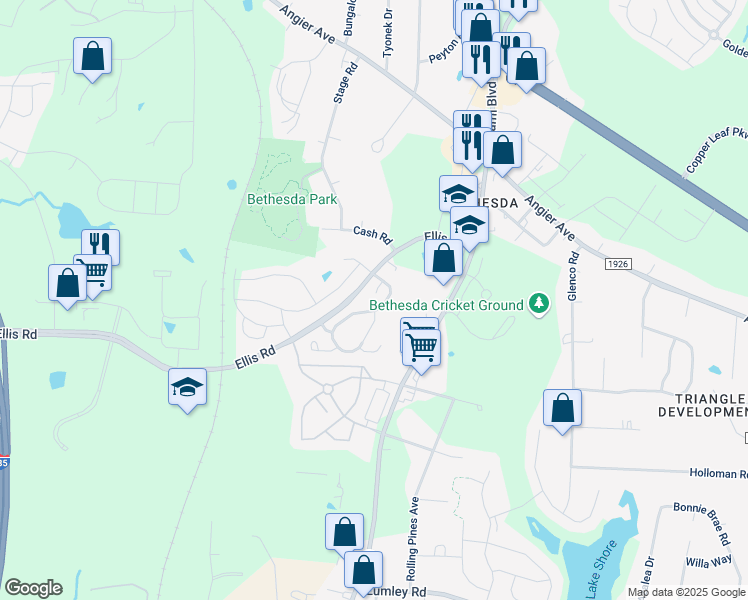 map of restaurants, bars, coffee shops, grocery stores, and more near 17 Suncrest Court in Durham
