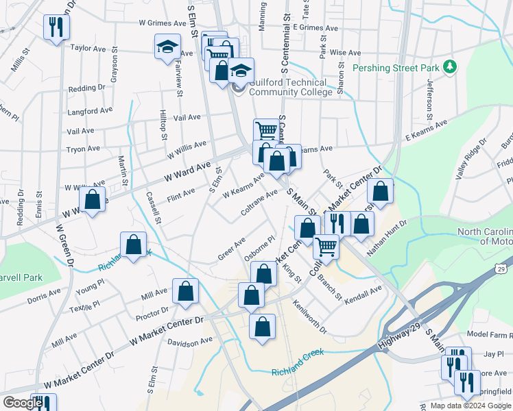 map of restaurants, bars, coffee shops, grocery stores, and more near 315 Coltrane Avenue in High Point