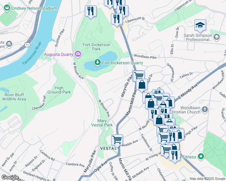 map of restaurants, bars, coffee shops, grocery stores, and more near 329 Volena Place Southwest in Knoxville