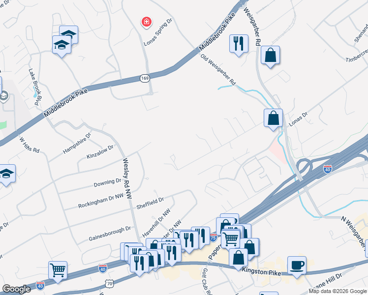 map of restaurants, bars, coffee shops, grocery stores, and more near 6717 Ridgerock Lane in Knoxville
