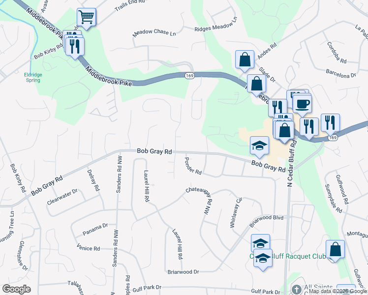 map of restaurants, bars, coffee shops, grocery stores, and more near 990 Ponder Road Northwest in Knoxville