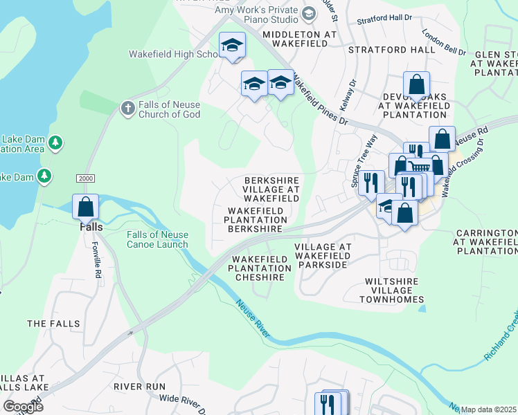 map of restaurants, bars, coffee shops, grocery stores, and more near 13201 Townfield Drive in Raleigh
