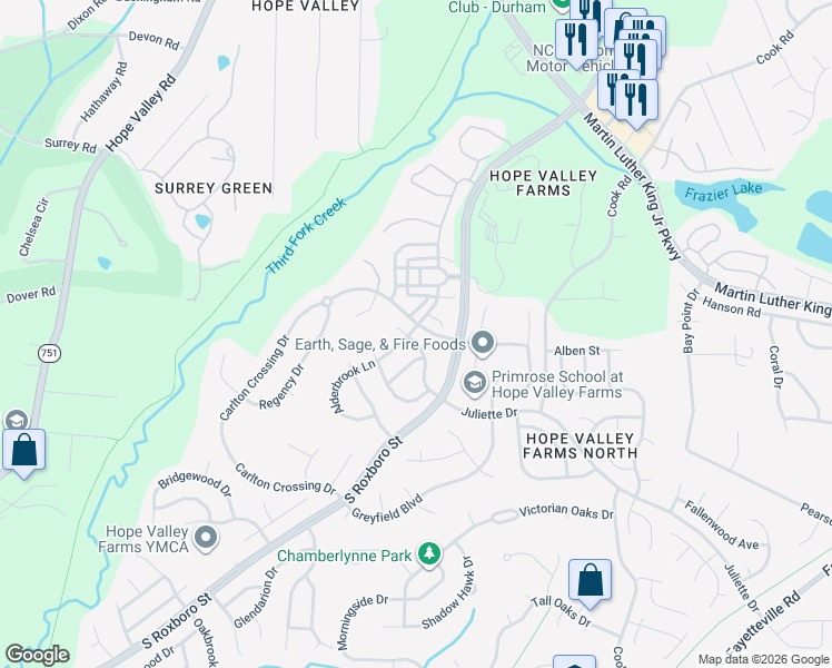 map of restaurants, bars, coffee shops, grocery stores, and more near 4502 Conklin Drive in Durham