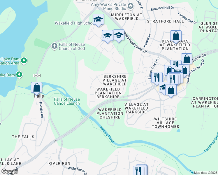map of restaurants, bars, coffee shops, grocery stores, and more near 13201 Townfield Drive in Raleigh