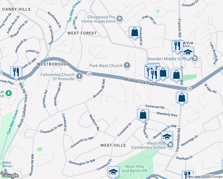 map of restaurants, bars, coffee shops, grocery stores, and more near 800 Broome Road Northwest in Knoxville