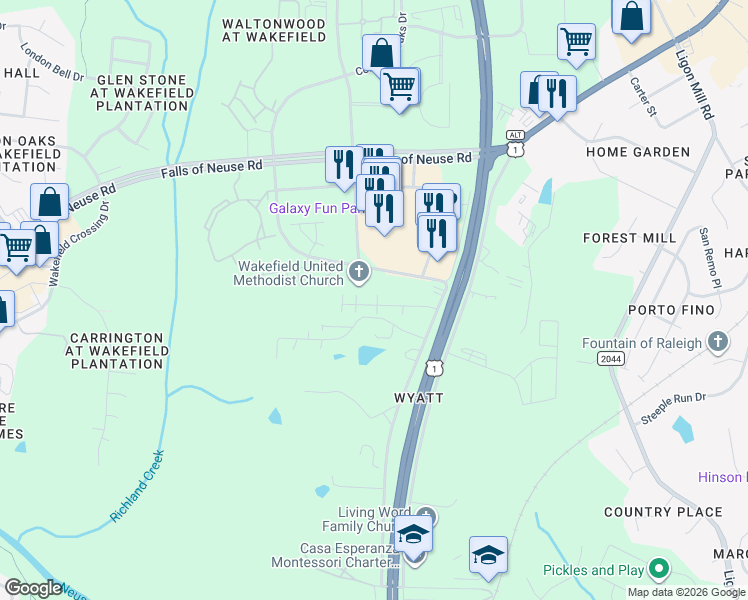 map of restaurants, bars, coffee shops, grocery stores, and more near 10807 Ponderosa Park Drive in Wake Forest