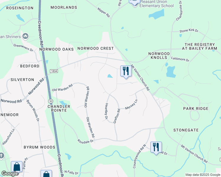 map of restaurants, bars, coffee shops, grocery stores, and more near 2405 Heartley Drive in Raleigh
