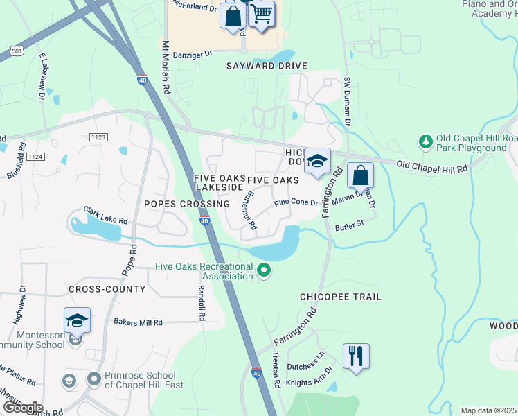 map of restaurants, bars, coffee shops, grocery stores, and more near 5009 Butternut Road in Durham