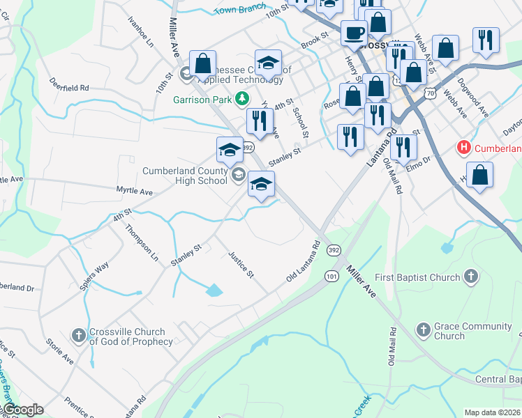 map of restaurants, bars, coffee shops, grocery stores, and more near 1362 Miller Avenue in Crossville