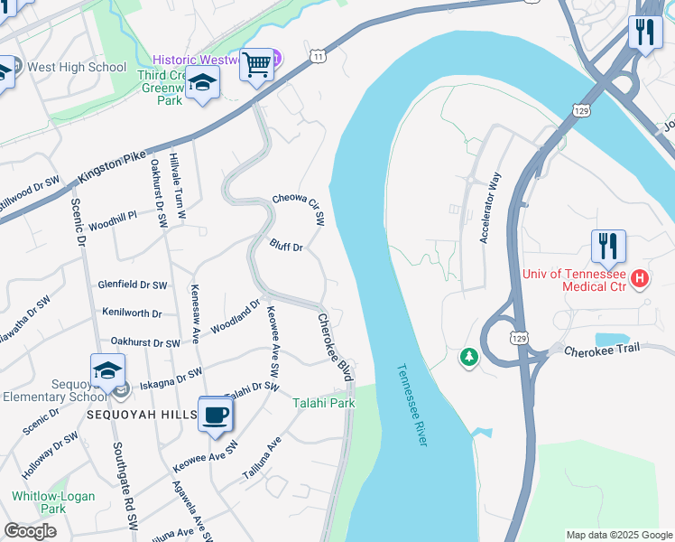 map of restaurants, bars, coffee shops, grocery stores, and more near 802 Bluff Drive in Knoxville