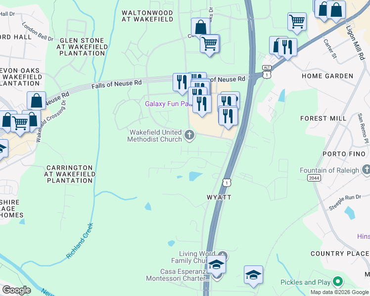 map of restaurants, bars, coffee shops, grocery stores, and more near 10701 Common Oaks Dr in Raleigh