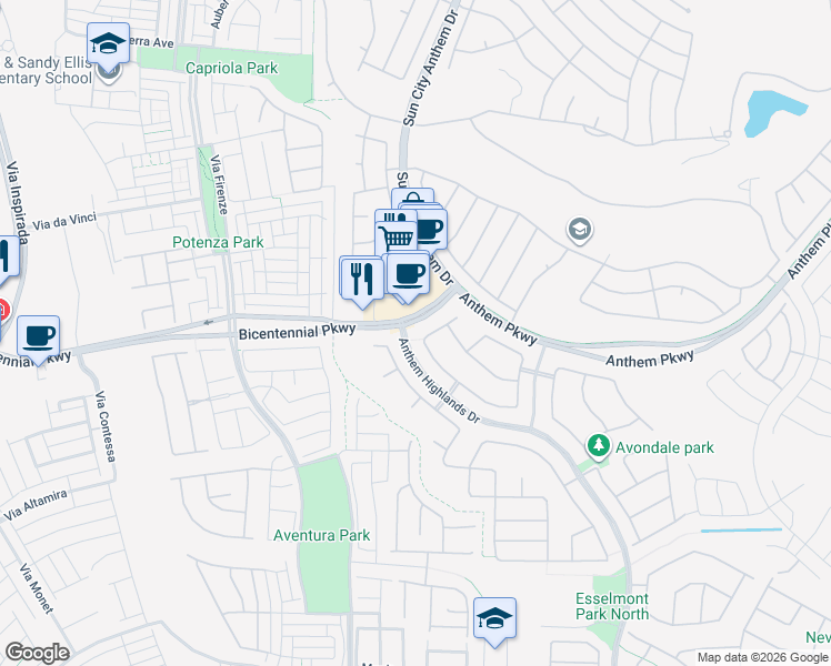 map of restaurants, bars, coffee shops, grocery stores, and more near 2820 Bicentennial Parkway in Henderson