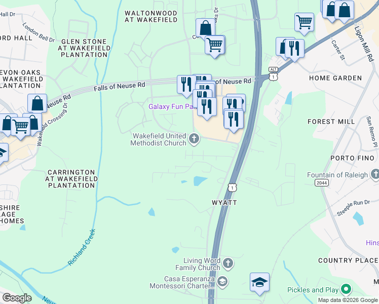 map of restaurants, bars, coffee shops, grocery stores, and more near 10701 Common Oaks Dr in Raleigh