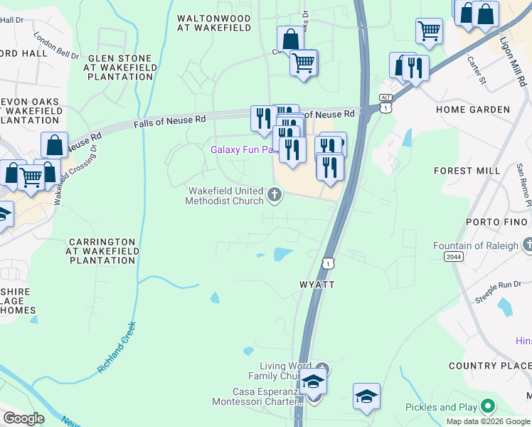 map of restaurants, bars, coffee shops, grocery stores, and more near 10701 Common Oaks Dr in Raleigh
