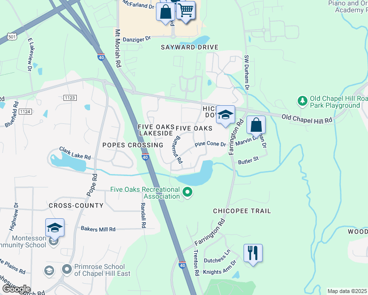 map of restaurants, bars, coffee shops, grocery stores, and more near 5009 Butternut Road in Durham