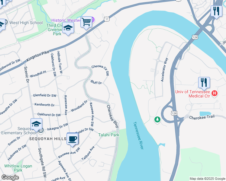 map of restaurants, bars, coffee shops, grocery stores, and more near 802 Bluff Drive in Knoxville