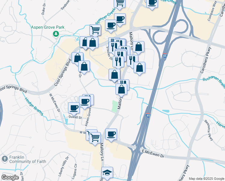map of restaurants, bars, coffee shops, grocery stores, and more near 790 Jordan Road in Franklin