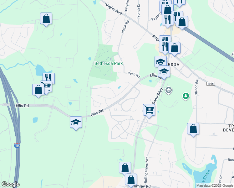 map of restaurants, bars, coffee shops, grocery stores, and more near 1089 Manorhaven Drive in Durham