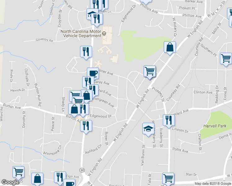 map of restaurants, bars, coffee shops, grocery stores, and more near 2126 Edgewood Drive in High Point