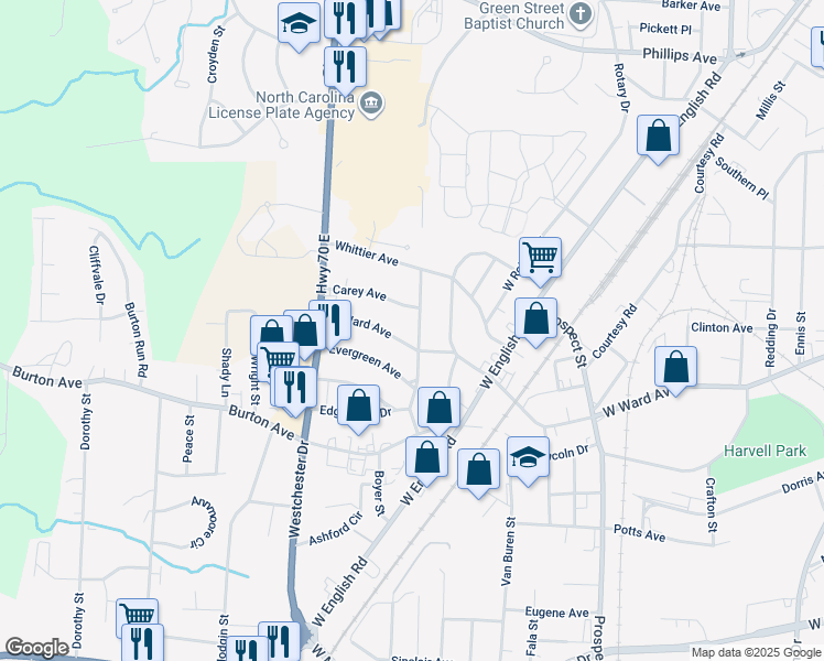 map of restaurants, bars, coffee shops, grocery stores, and more near 2126 Edgewood Drive in High Point