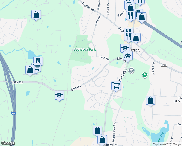 map of restaurants, bars, coffee shops, grocery stores, and more near 1087 Manorhaven Drive in Durham
