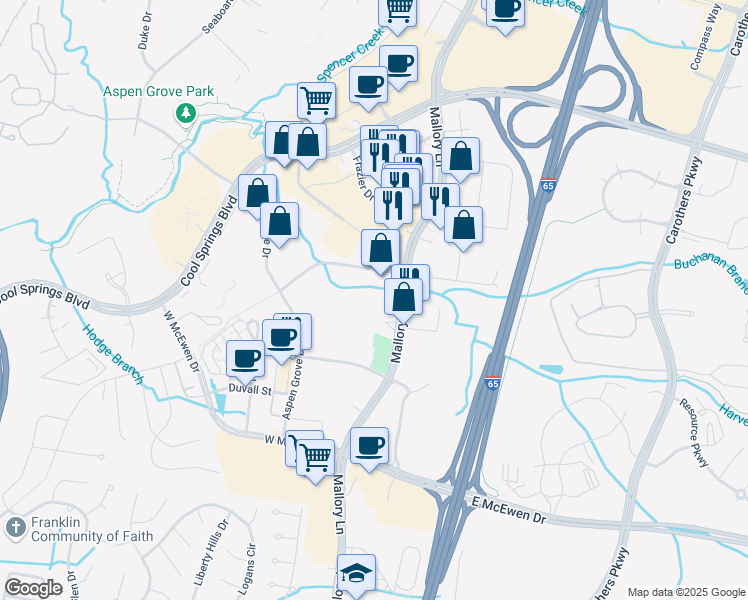 map of restaurants, bars, coffee shops, grocery stores, and more near 3401 Mallory Lane in Franklin