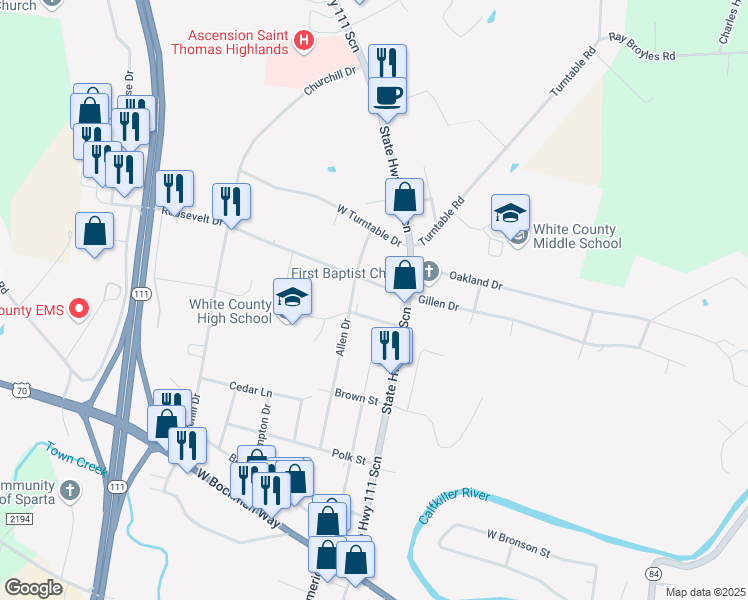 map of restaurants, bars, coffee shops, grocery stores, and more near 281 North Spring Street in Sparta