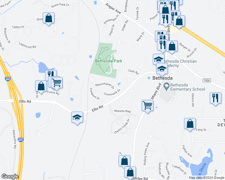 map of restaurants, bars, coffee shops, grocery stores, and more near 1078 Manorhaven Drive in Durham