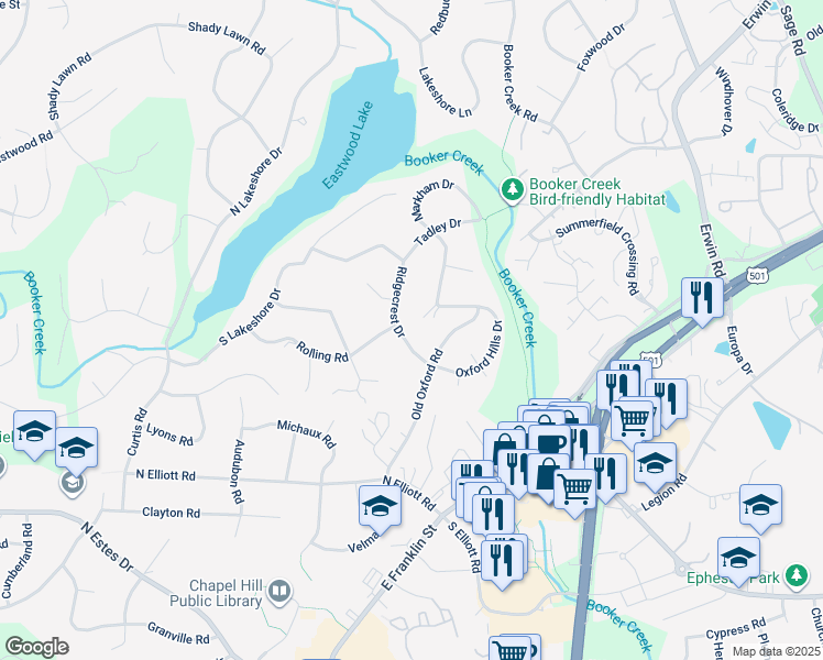 map of restaurants, bars, coffee shops, grocery stores, and more near 208 Ridgecrest Drive in Chapel Hill