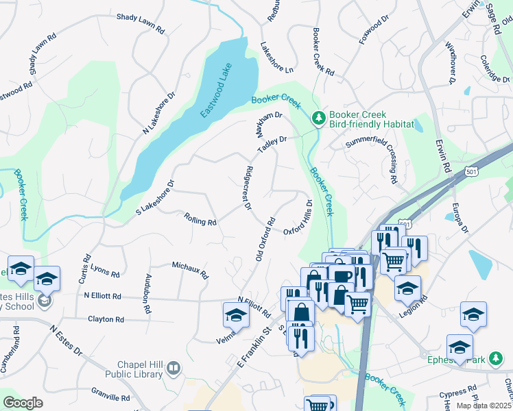 map of restaurants, bars, coffee shops, grocery stores, and more near 208 Ridgecrest Drive in Chapel Hill
