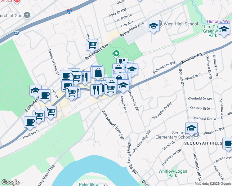 map of restaurants, bars, coffee shops, grocery stores, and more near 4541 Kingston Pike in Knoxville