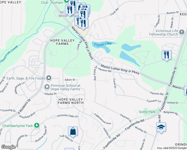 map of restaurants, bars, coffee shops, grocery stores, and more near 3 Stepney Court in Durham