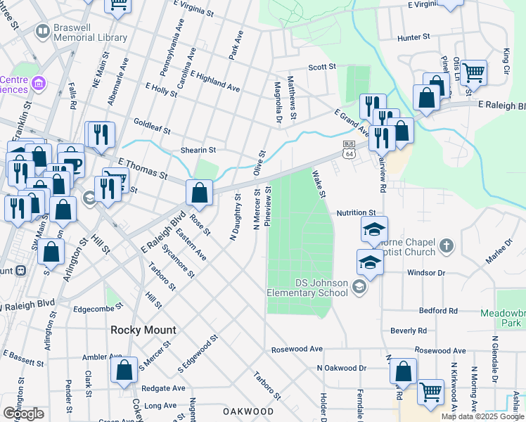 map of restaurants, bars, coffee shops, grocery stores, and more near 509 North Mercer Street in Rocky Mount