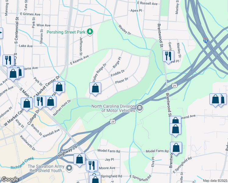 map of restaurants, bars, coffee shops, grocery stores, and more near 400 Player Drive in High Point