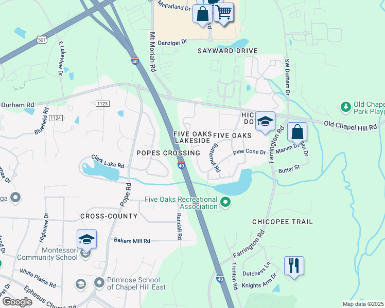 map of restaurants, bars, coffee shops, grocery stores, and more near 4304 Pin Oak Drive in Durham