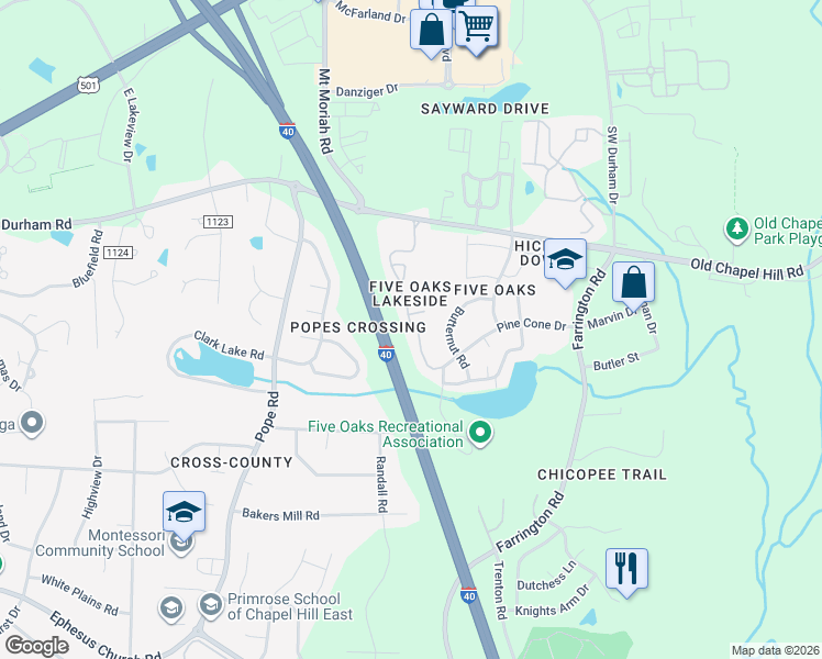 map of restaurants, bars, coffee shops, grocery stores, and more near 4304 Pin Oak Drive in Durham