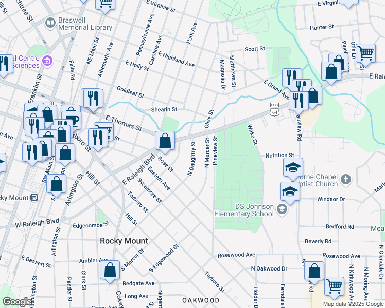 map of restaurants, bars, coffee shops, grocery stores, and more near 529 North Daughtry Street in Rocky Mount