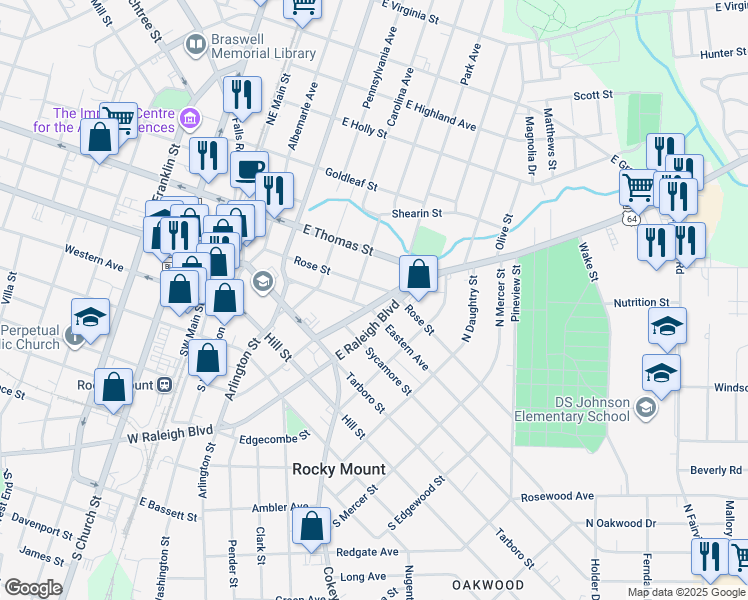 map of restaurants, bars, coffee shops, grocery stores, and more near 416 Rose Street in Rocky Mount